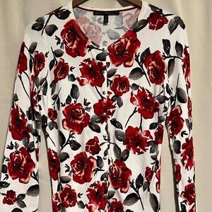 White House Black Market Cardigan Snap Red Black Rose Design Size M
